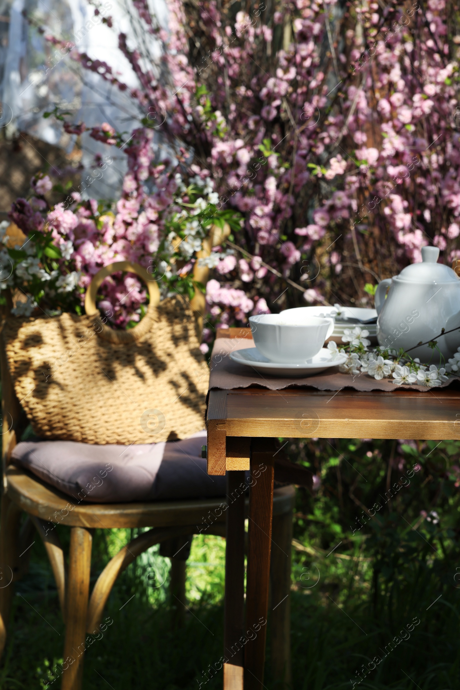 Photo of Beautiful spring flowers on table served for tea drinking in garden