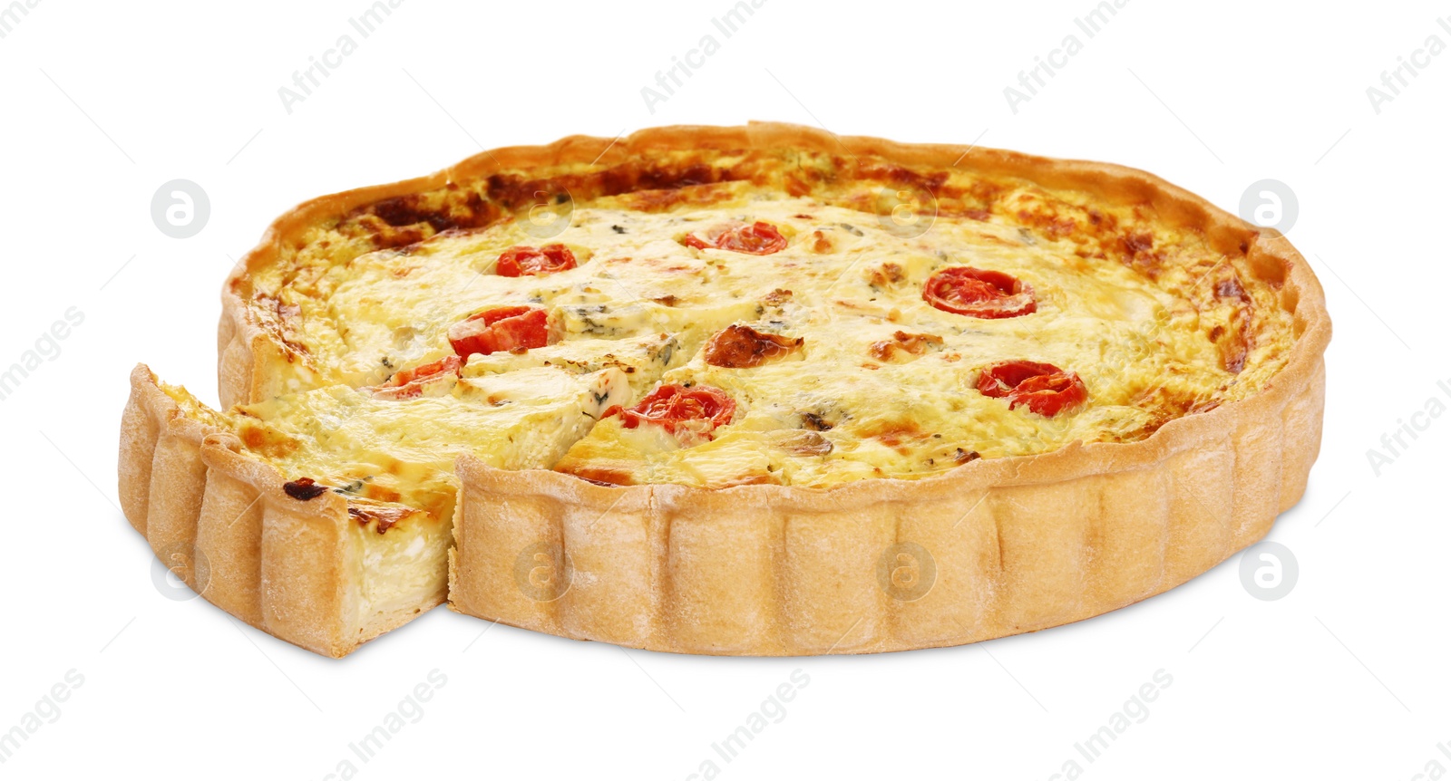 Photo of Delicious homemade cheese quiche isolated on white