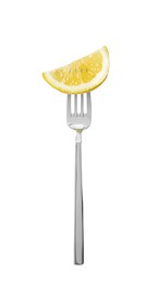 Image of Fork with piece of lemon isolated on white