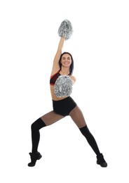 Photo of Beautiful cheerleader in costume holding pom poms on white background