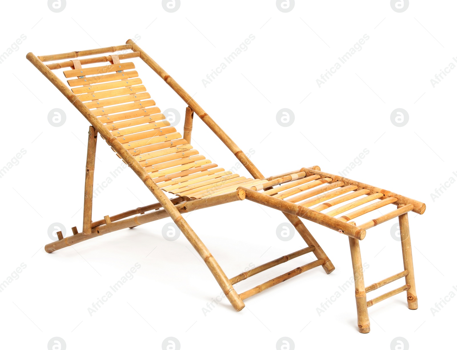 Photo of Empty wooden beach sunbed on white background