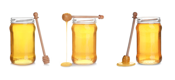 Image of Set of organic delicious honey on white background