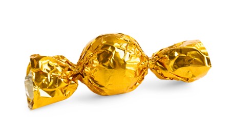 Photo of Tasty candy in yellow wrapper isolated on white