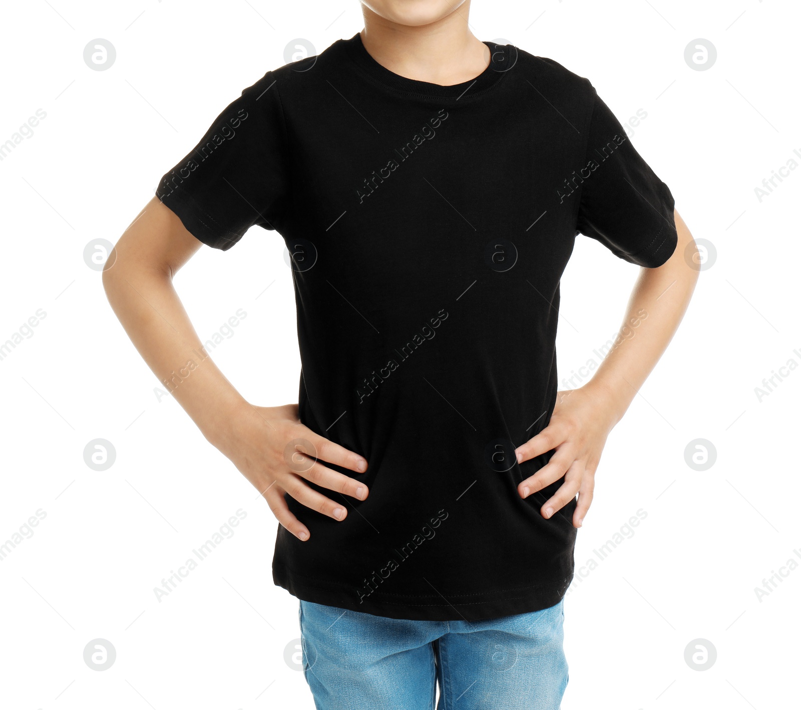 Photo of Little girl in t-shirt on white background. Mockup for design