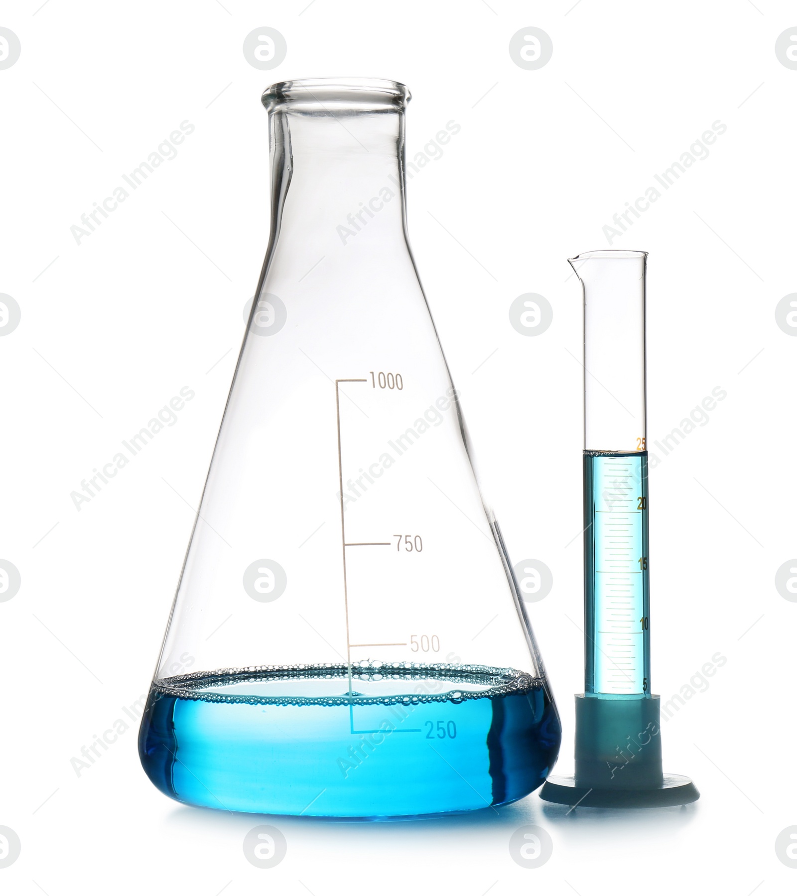 Photo of Chemistry laboratory glassware with samples isolated on white