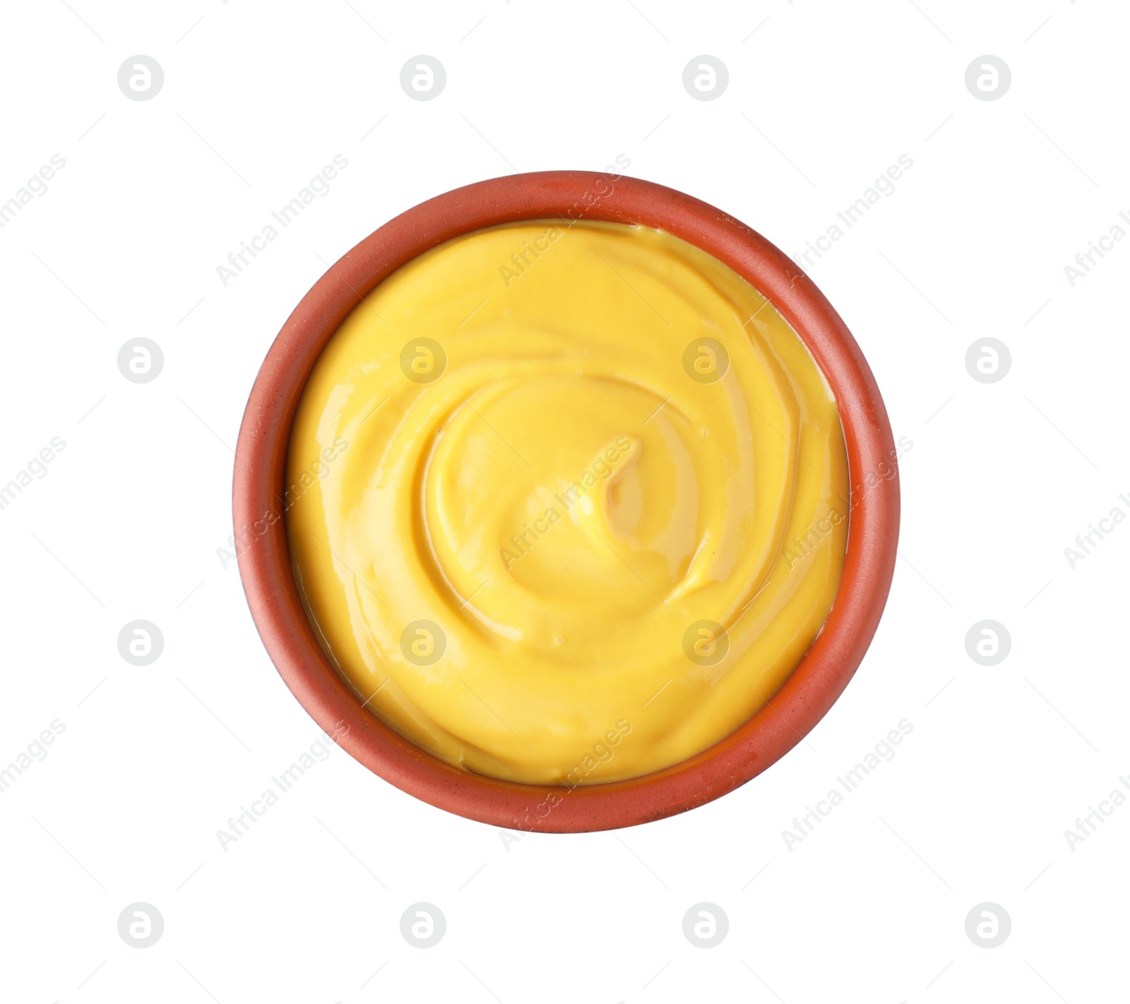 Photo of Bowl with delicious mustard on white background, top view