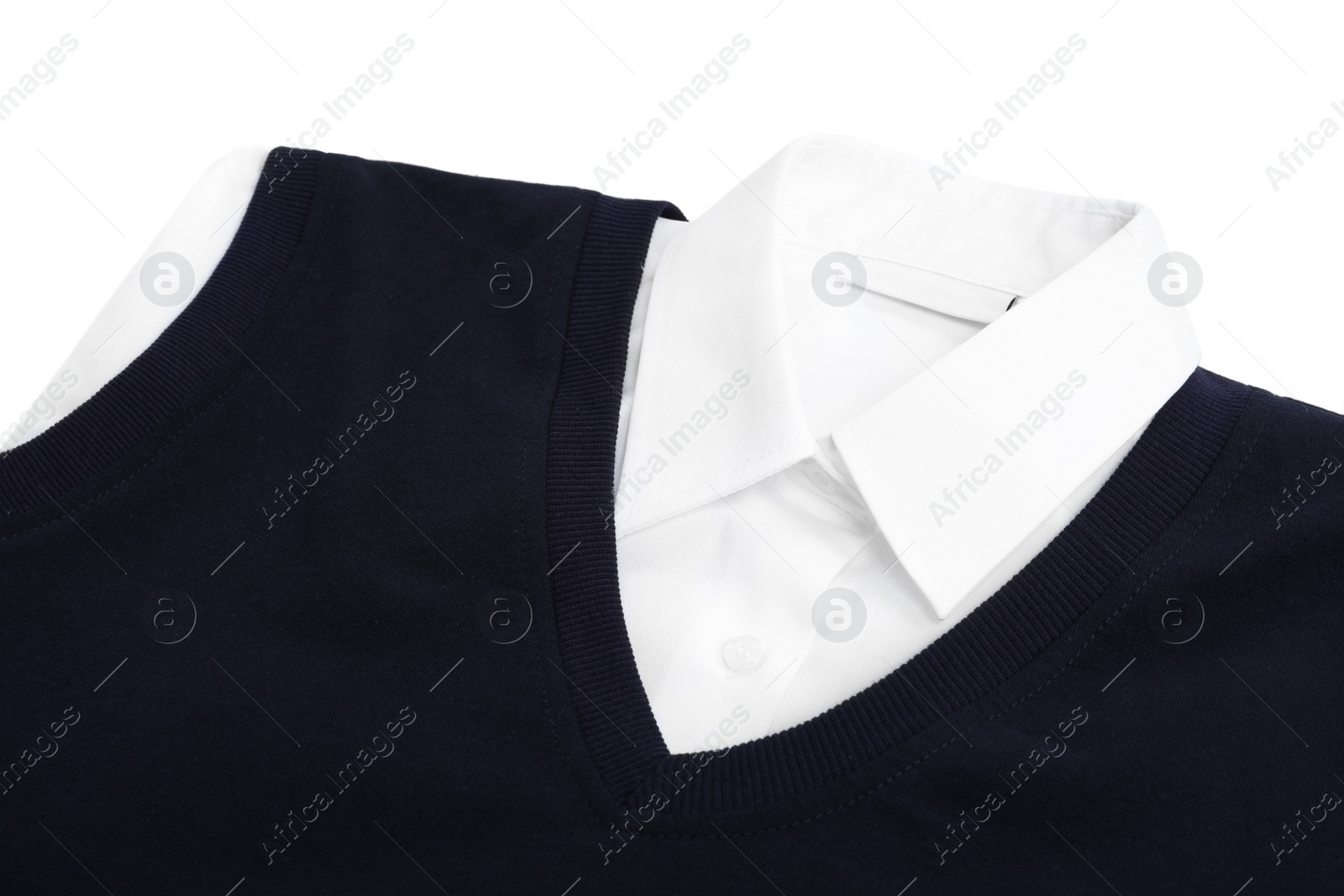 Photo of New stylish school uniform on white background, closeup