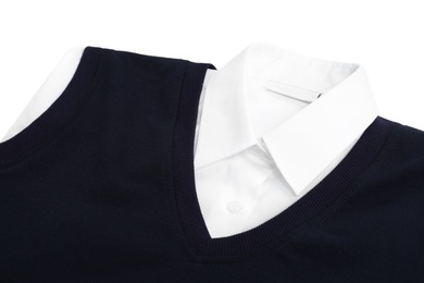 New stylish school uniform on white background, closeup