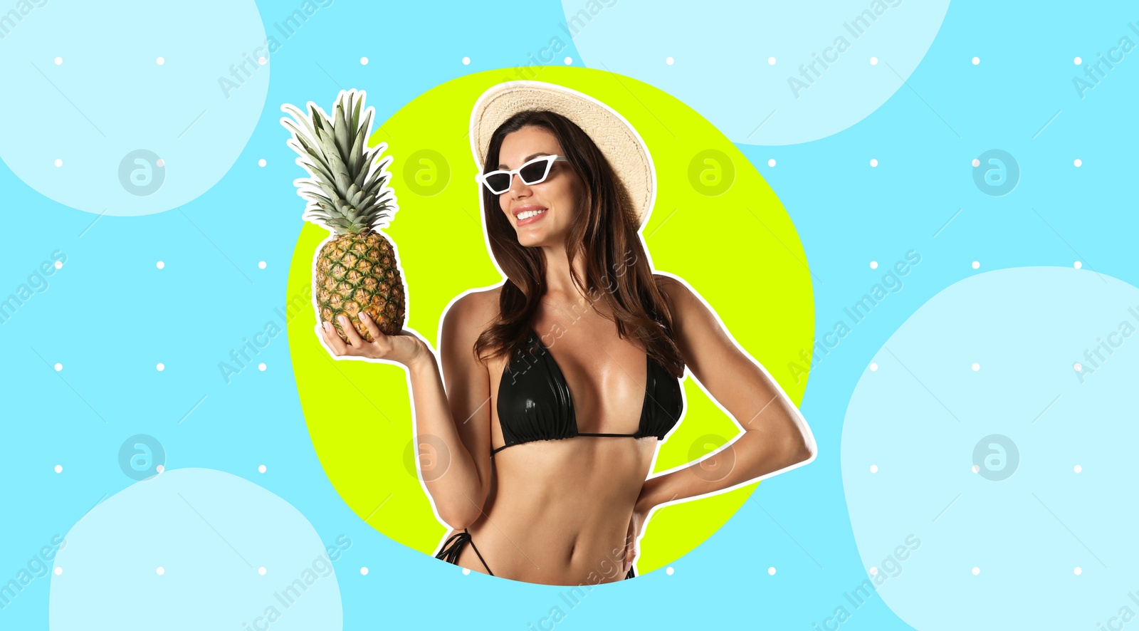 Image of Beautiful woman in stylish bikini with pineapple on color background, stylish design. Summer season