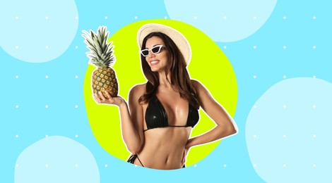 Image of Beautiful woman in stylish bikini with pineapple on color background, stylish design. Summer season