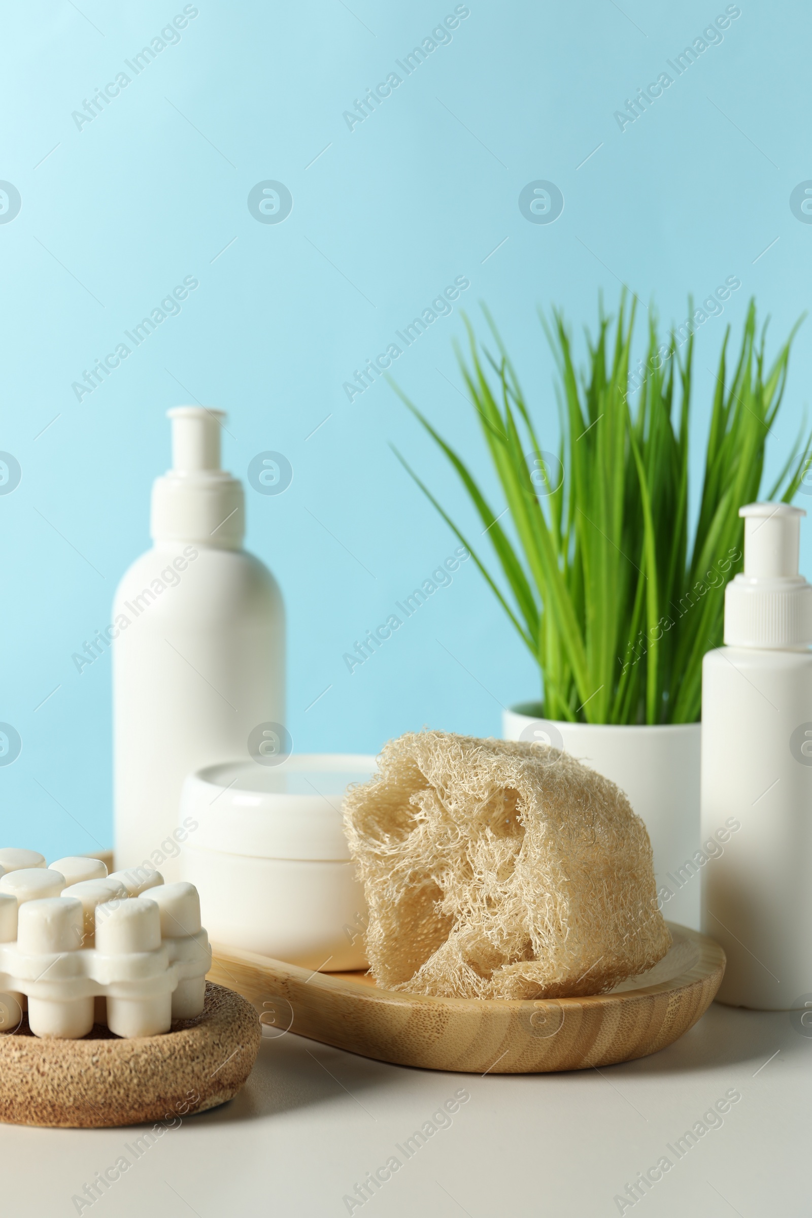 Photo of Different bath accessories and houseplant on white table against light blue background