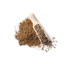 Photo of Heap of aromatic caraway (Persian cumin) powder and wooden scoop of seeds isolated on white, top view