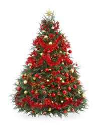 Photo of Beautiful Christmas tree decorated with ornaments and garland isolated on white