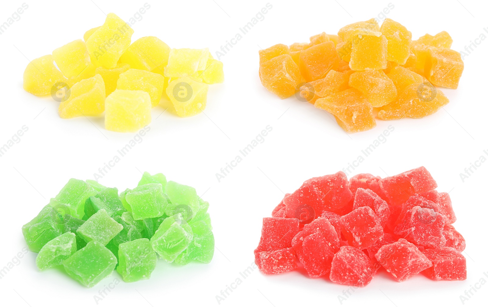 Image of Set with tasty pieces of candied fruits on white background 