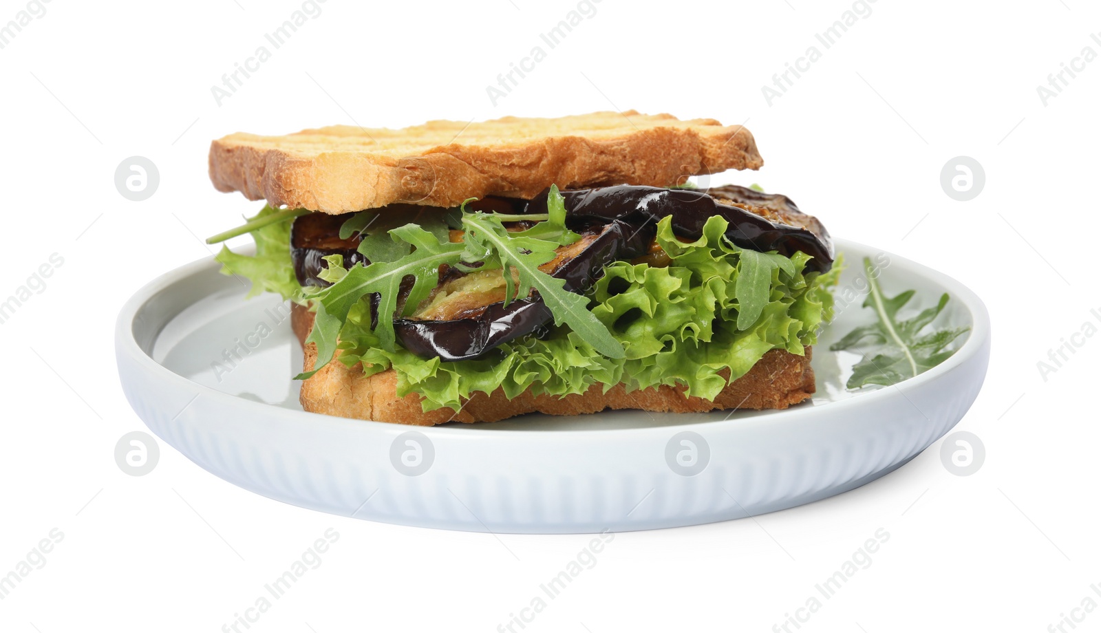 Photo of Delicious fresh eggplant sandwich isolated on white