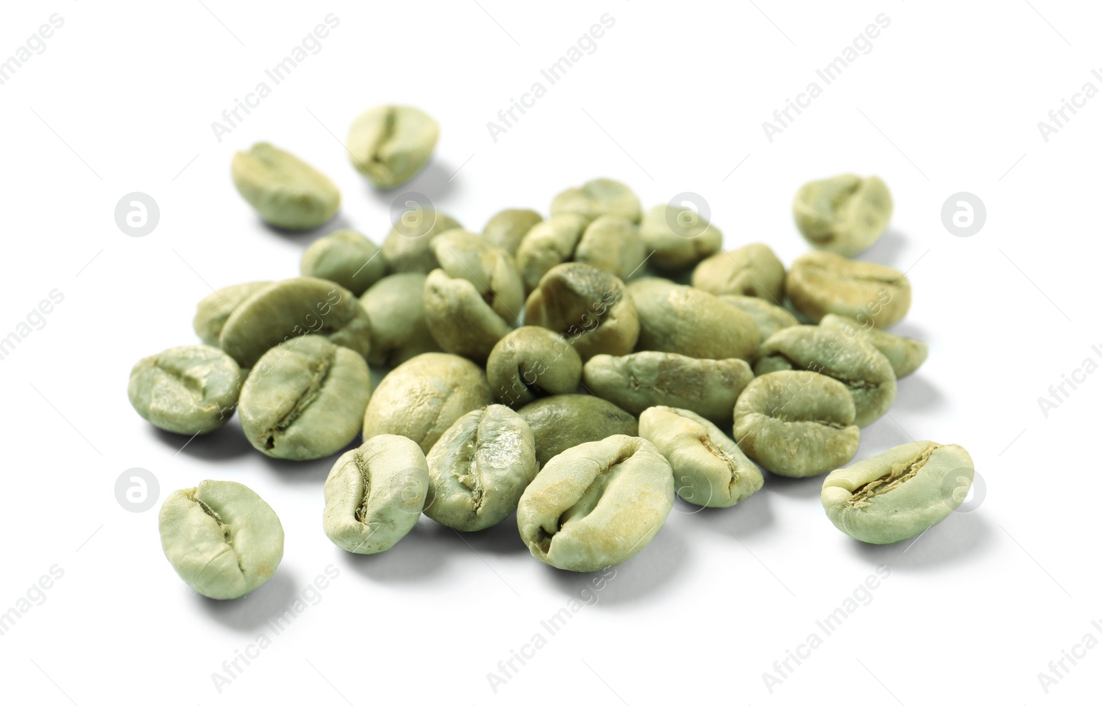 Photo of Pile of green coffee beans on white background