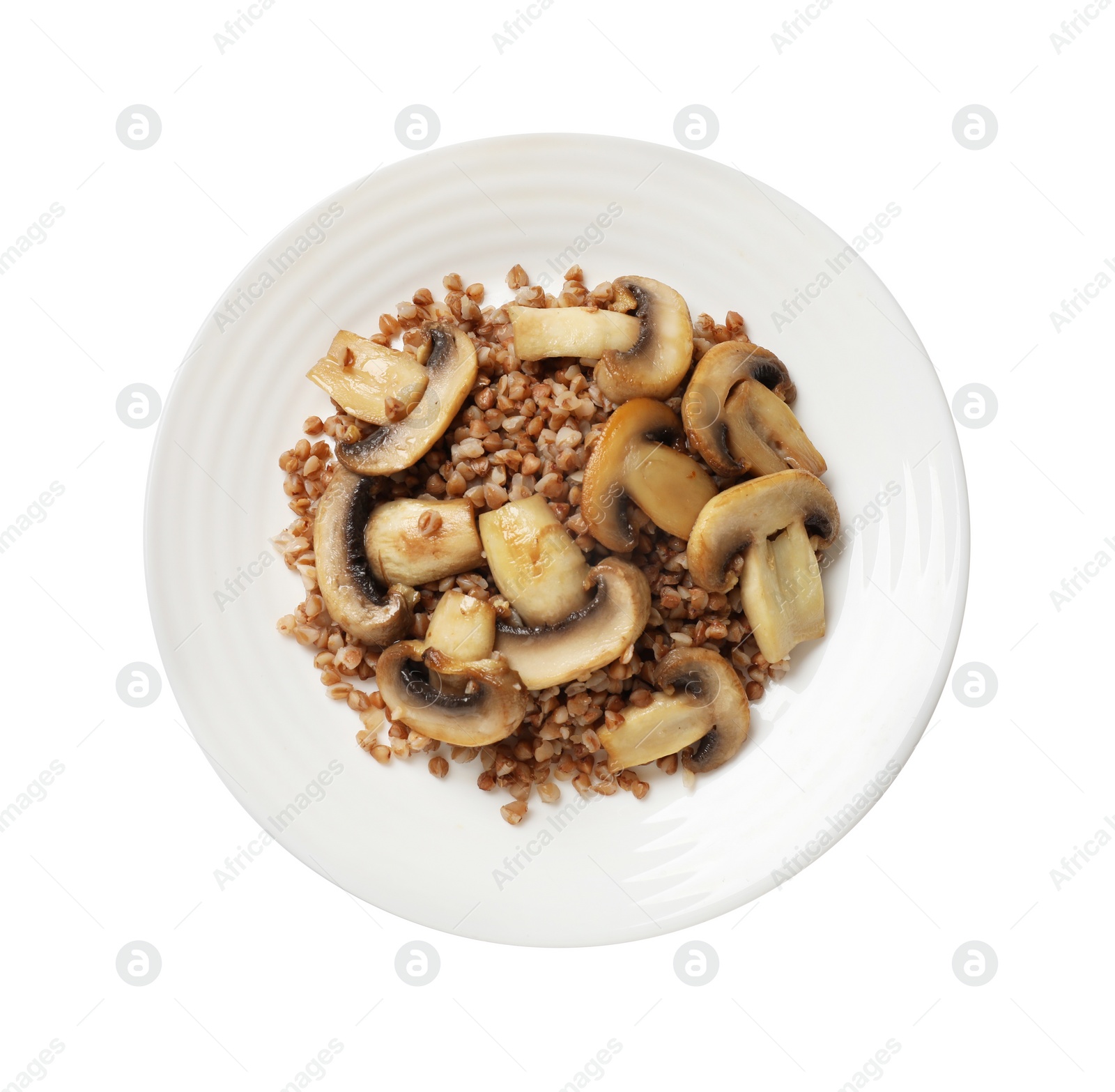 Photo of Tasty buckwheat with mushrooms isolated on white, top view