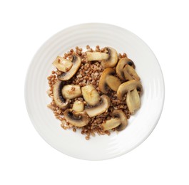 Tasty buckwheat with mushrooms isolated on white, top view