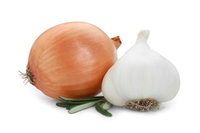 Photo of Fresh garlic, onion and rosemary isolated on white