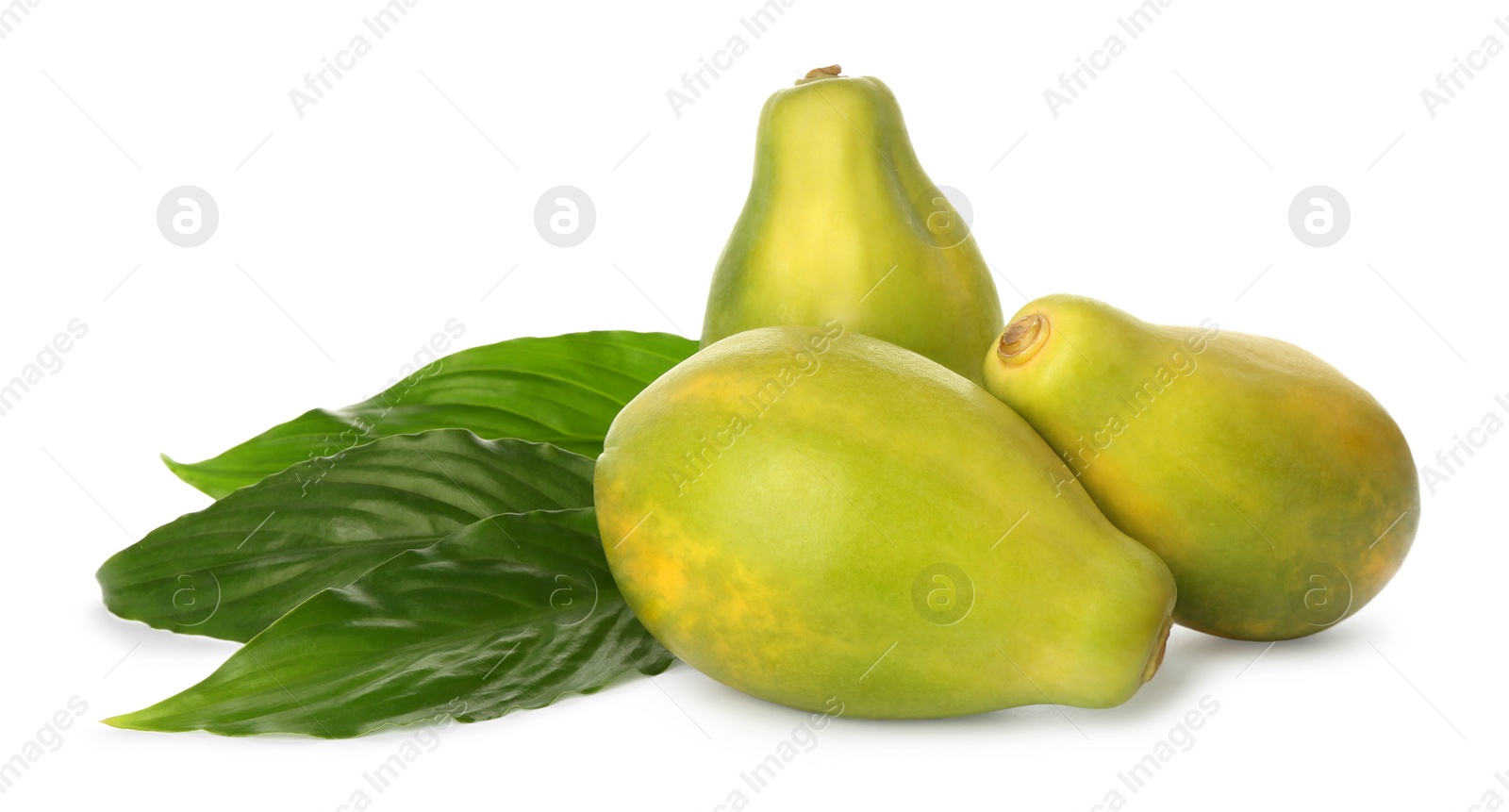 Photo of Fresh ripe papaya fruits with green leaves on white background