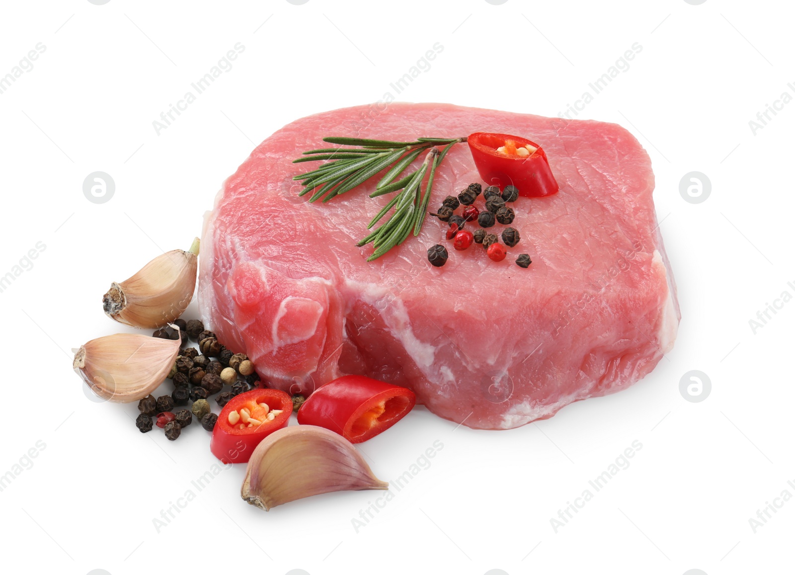 Photo of Piece of raw pork meat and spices isolated on white