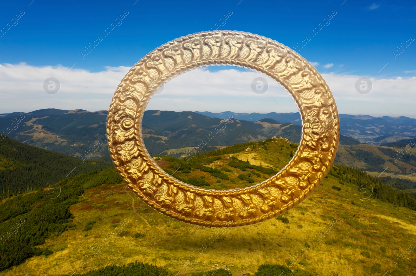 Image of Vintage frame and beautiful mountains under blue sky with clouds