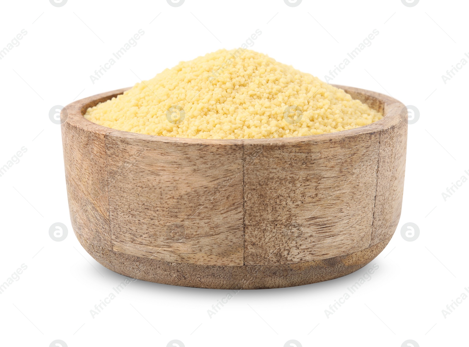 Photo of Raw couscous in bowl isolated on white