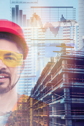 Multiple exposure of male industrial engineer in uniform, scheme and construction 