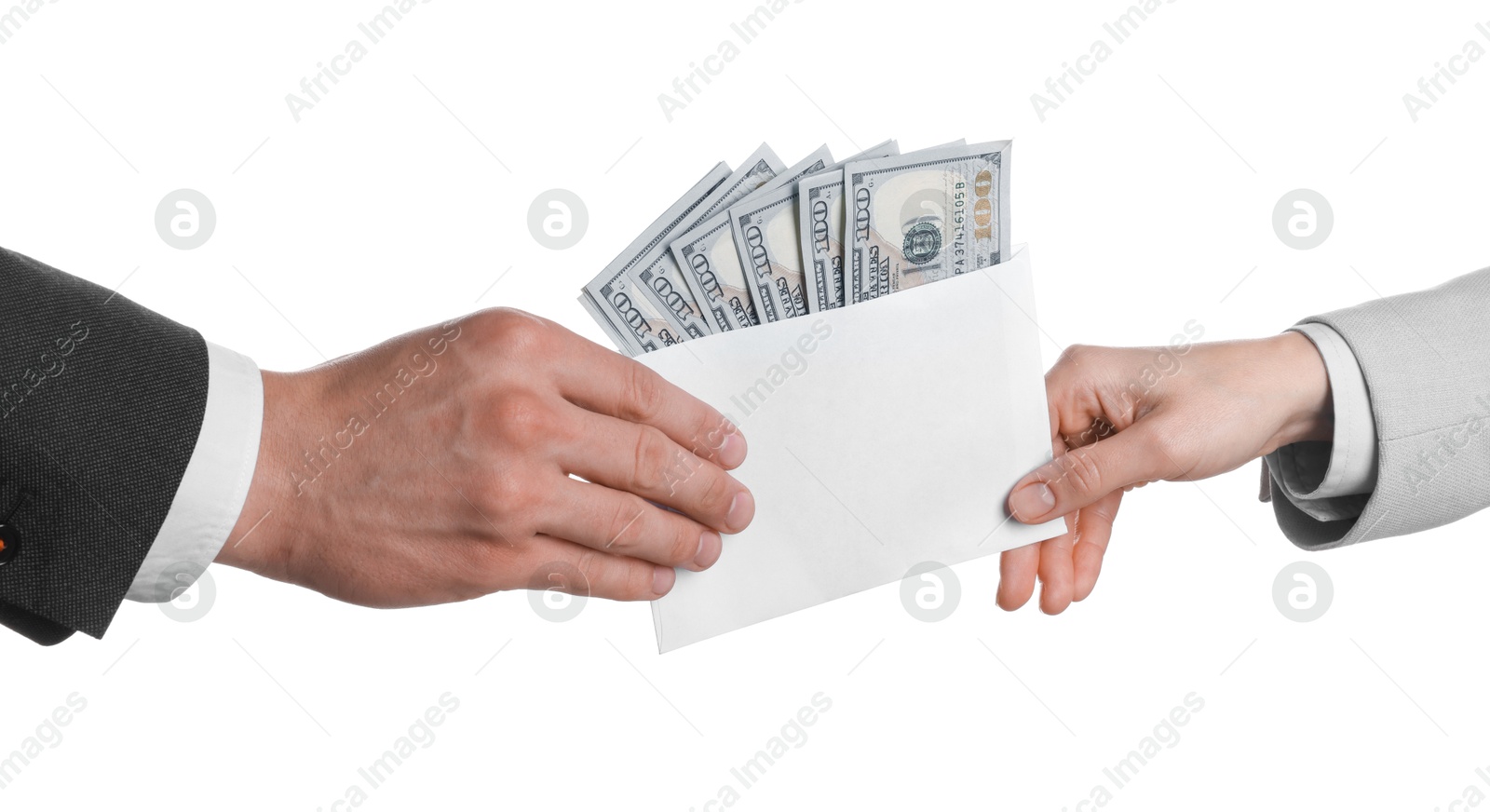 Photo of Money exchange. Man giving envelope with dollar banknotes to woman on white background, closeup