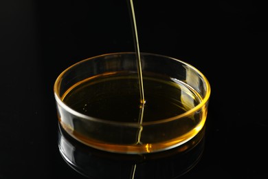 Pouring yellow oil into Petri dish on black background, closeup