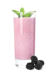 Photo of Tasty milk shake with blackberries and mint isolated on white