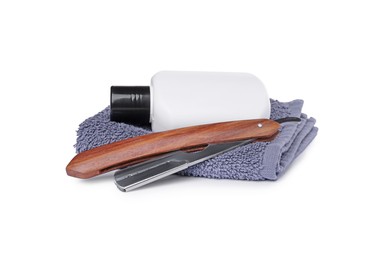 Photo of Set of men's shaving accessories on white background