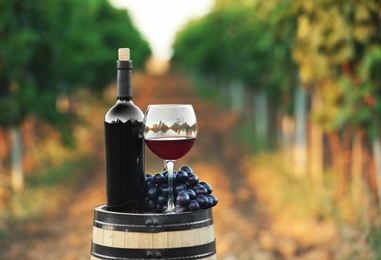 Photo of Bottle and glass of red wine with fresh grapes on wooden barrel in vineyard