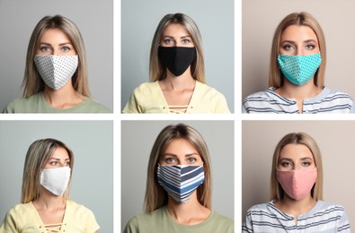 Image of Collage with photos of women wearing protective face masks on light grey background
