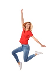 Photo of Full length portrait of happy beautiful woman jumping on white background