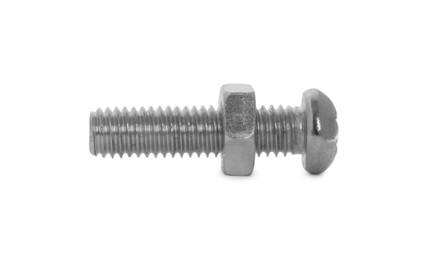 Metal carriage bolt with hex nut isolated on white
