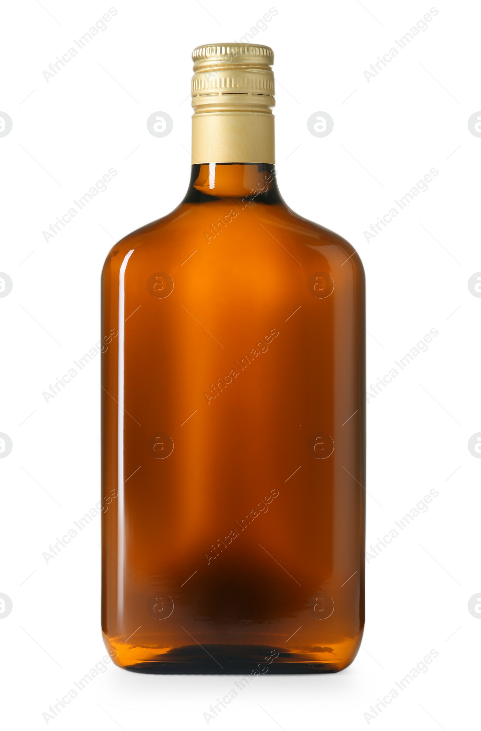 Photo of Bottle with tasty amaretto liqueur isolated on white