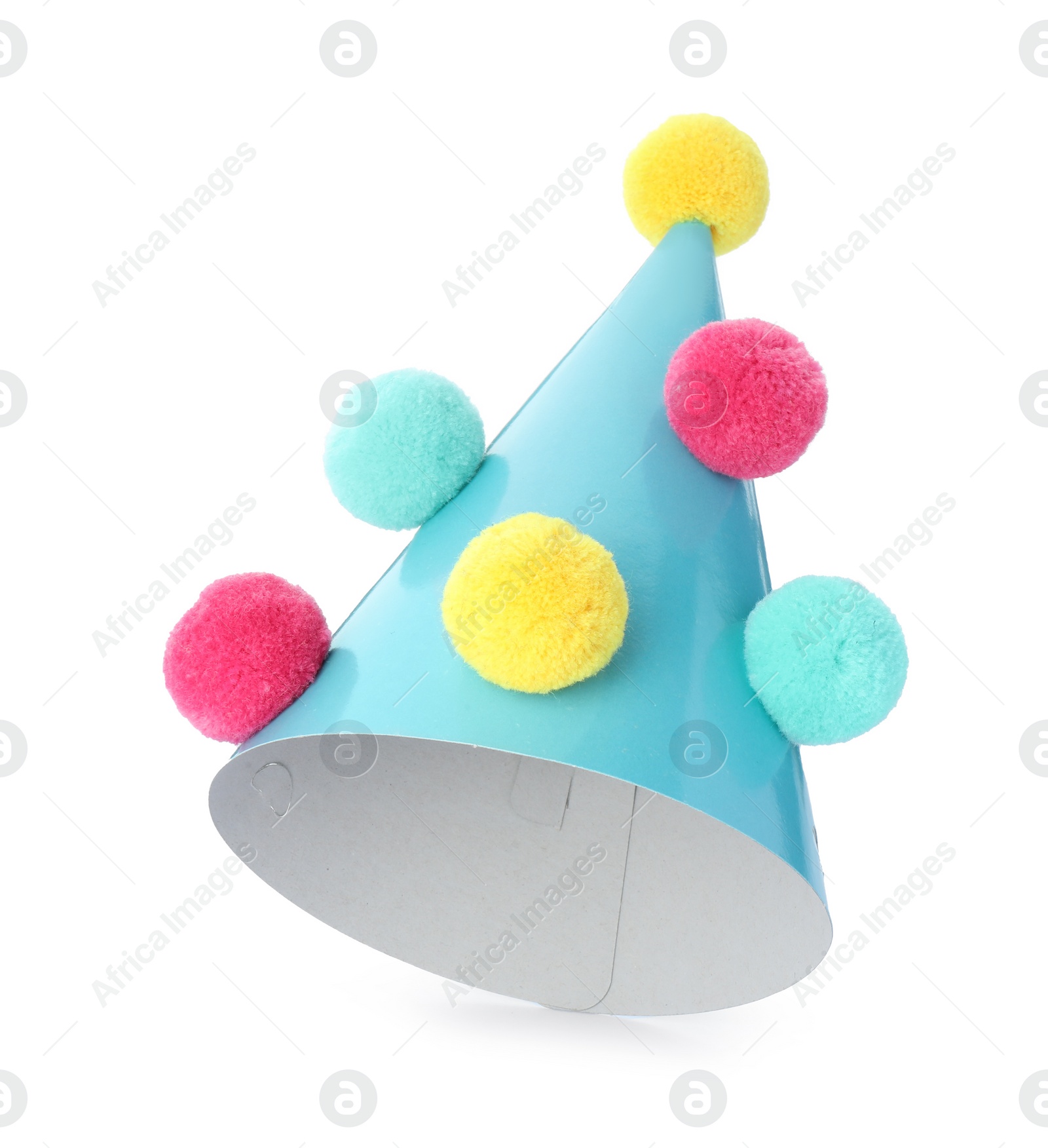 Photo of One light blue party hat with pompoms isolated on white