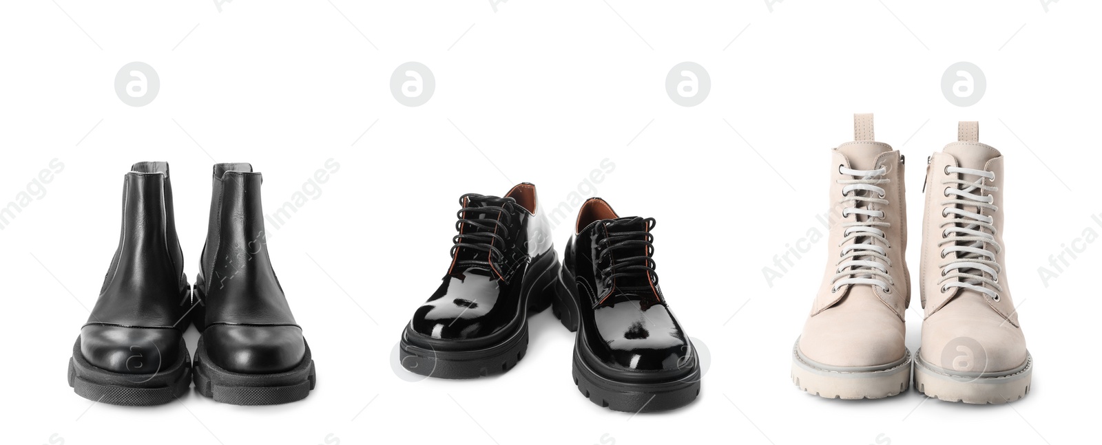 Image of Set with stylish shoes on white background, banner design