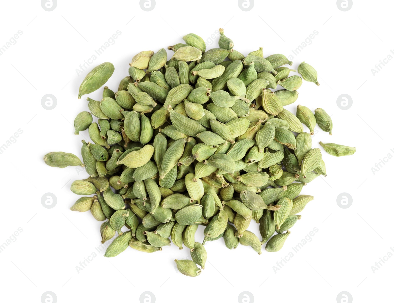 Photo of Pile of dry cardamom seeds on white background, top view