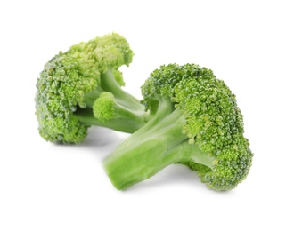 Photo of Fresh green broccoli on white background. Organic food