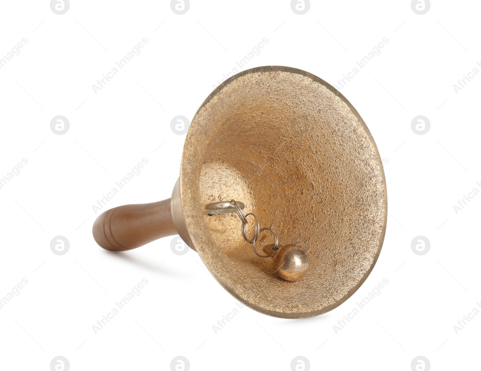 Photo of Golden school bell with wooden handle isolated on white