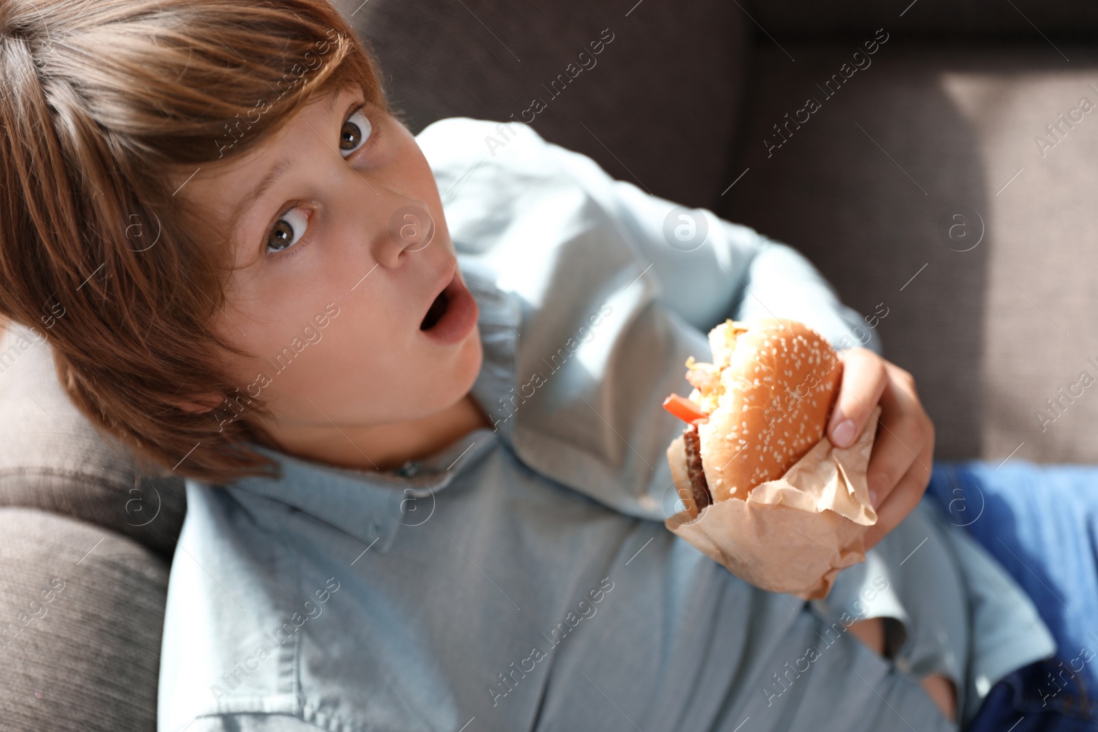 Photo of Overweight boy eating burger on sofa at home, above view