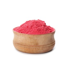 Photo of Red powder dye in bowl on white background. Holi festival