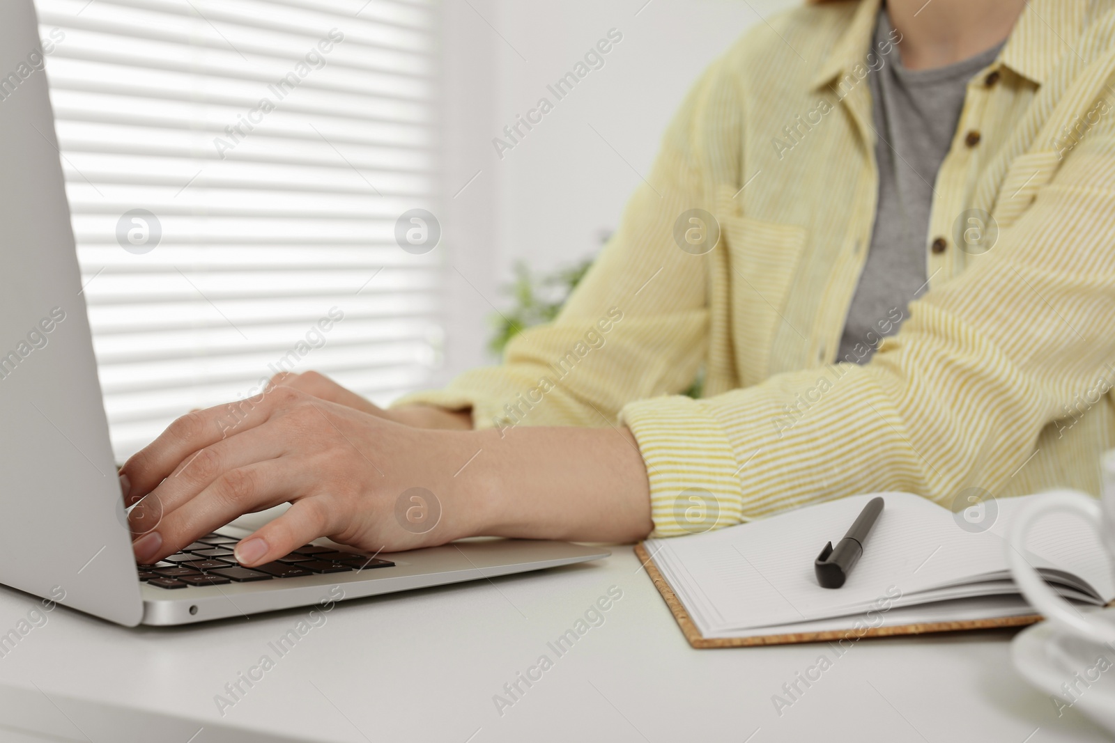 Photo of Home workplace. Woman typing on laptop at white desk indoors, closeup