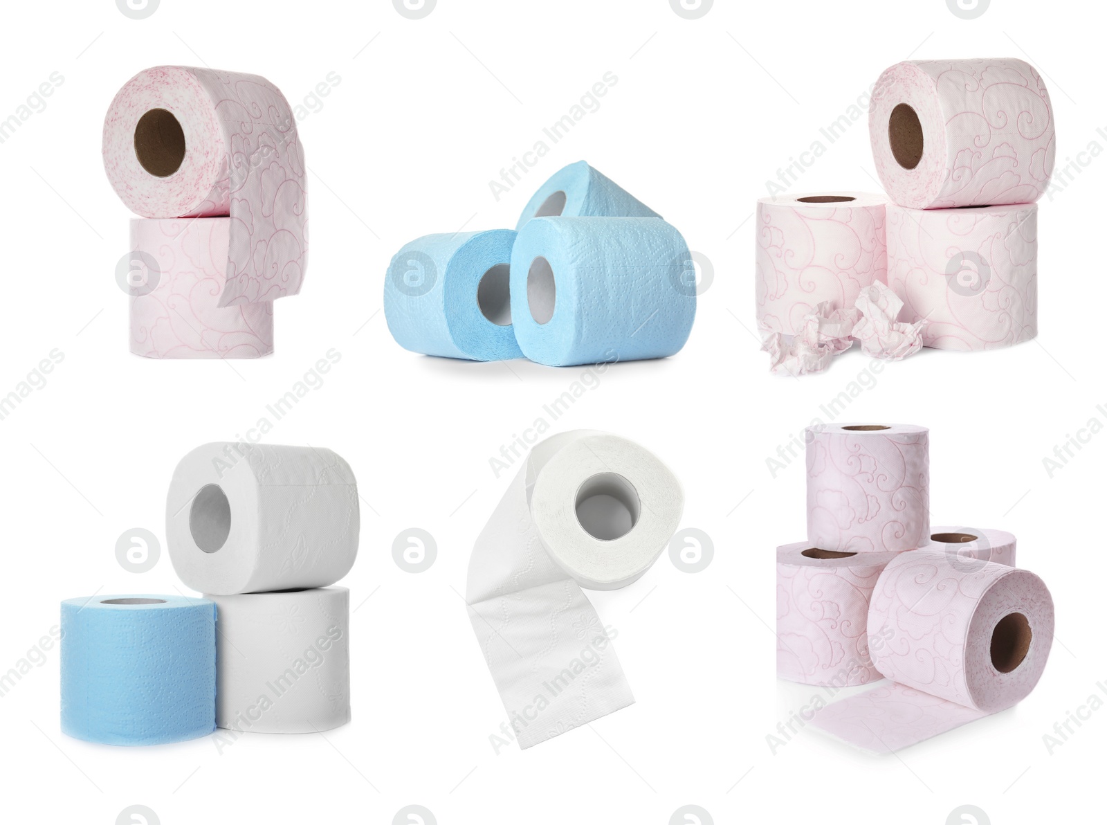 Image of Set with color rolls of toilet paper on white background