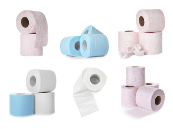 Set with color rolls of toilet paper on white background