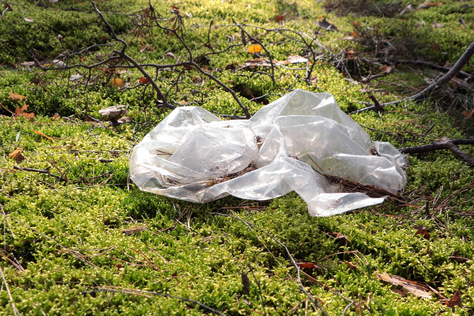 Photo of Disposable polyethylene bag on grass outdoors. Recycling problem