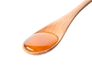 Spoon with delicious honey on white background