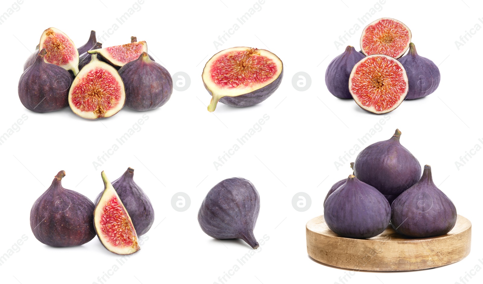 Image of Set with tasty ripe whole and cut figs on white background